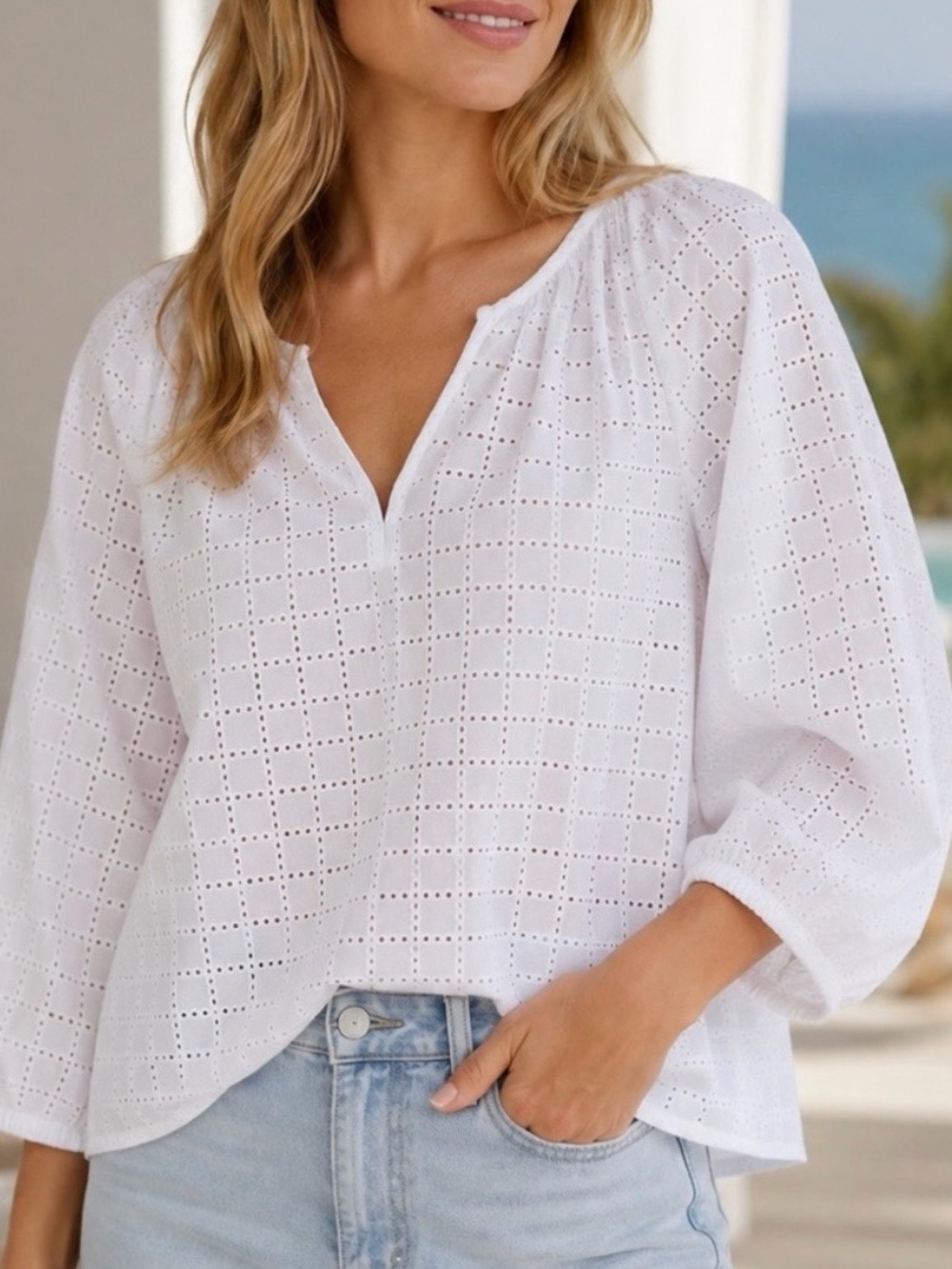 Lantern Sleeve Eyelet Top